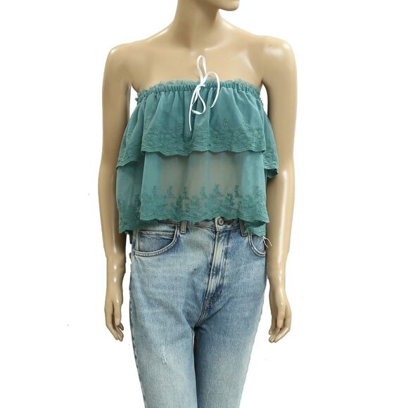 Free People Love You So Lace Tube Top Sheer Embroidered Tiered Ruffle M 283728 - Picture 4 of 8